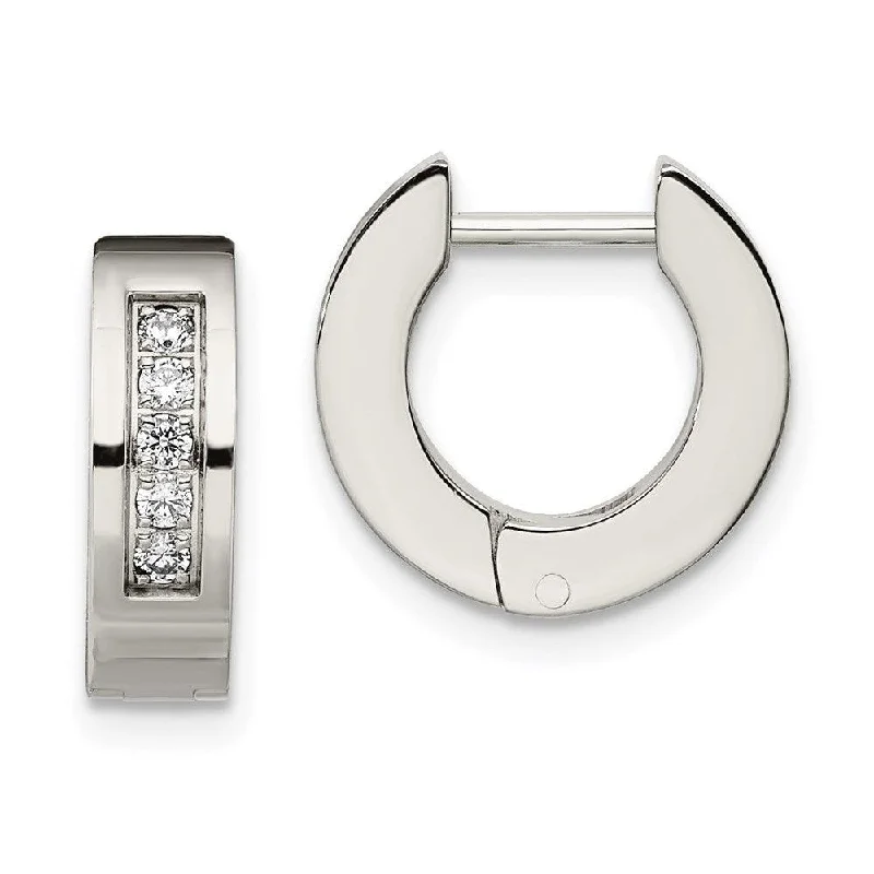 Zodiac charm earrings-Stainless Steel CZ Polished Round Hinged Hoop Earrings