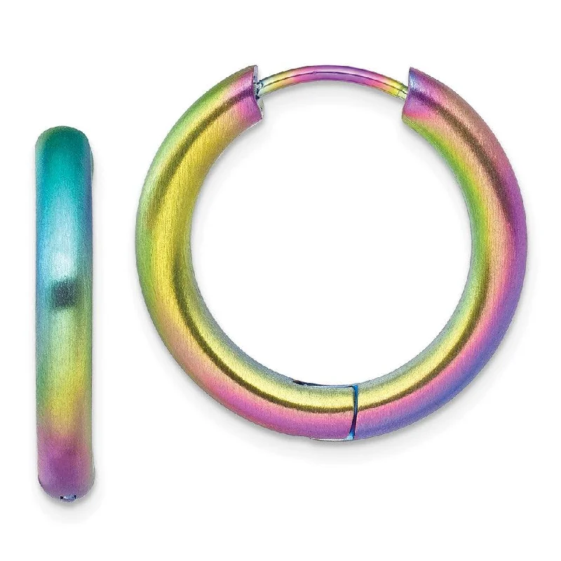 Sleek drop earrings-Stainless Steel Brushed Rainbow IP-plated 3.5mm Hinged Hoop Earrings