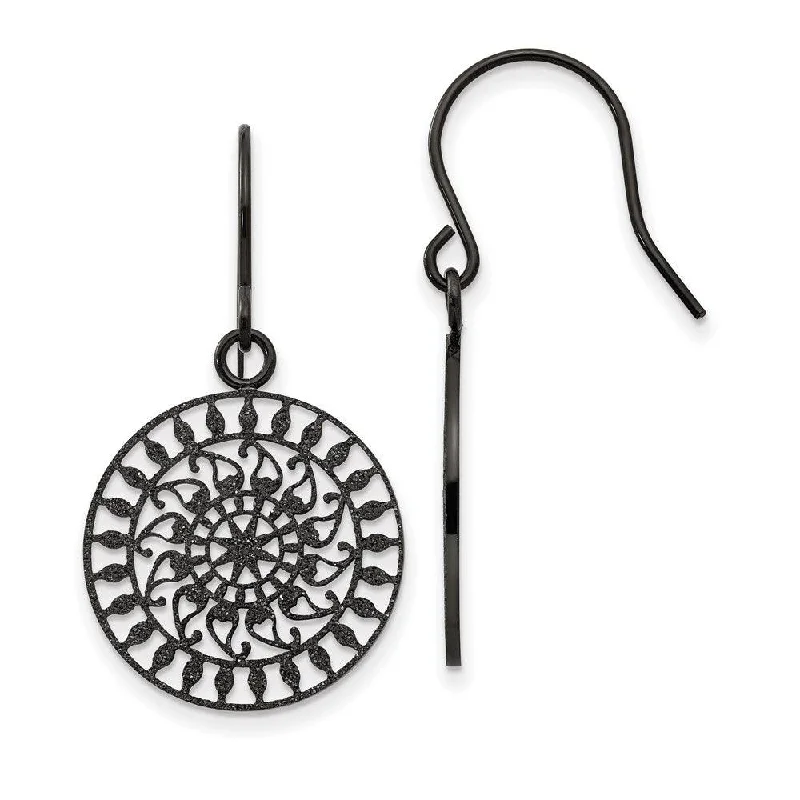 Curved design earrings-Stainless Steel Polished Black IP-plated Laser Cut Shepherd Hook Earrings