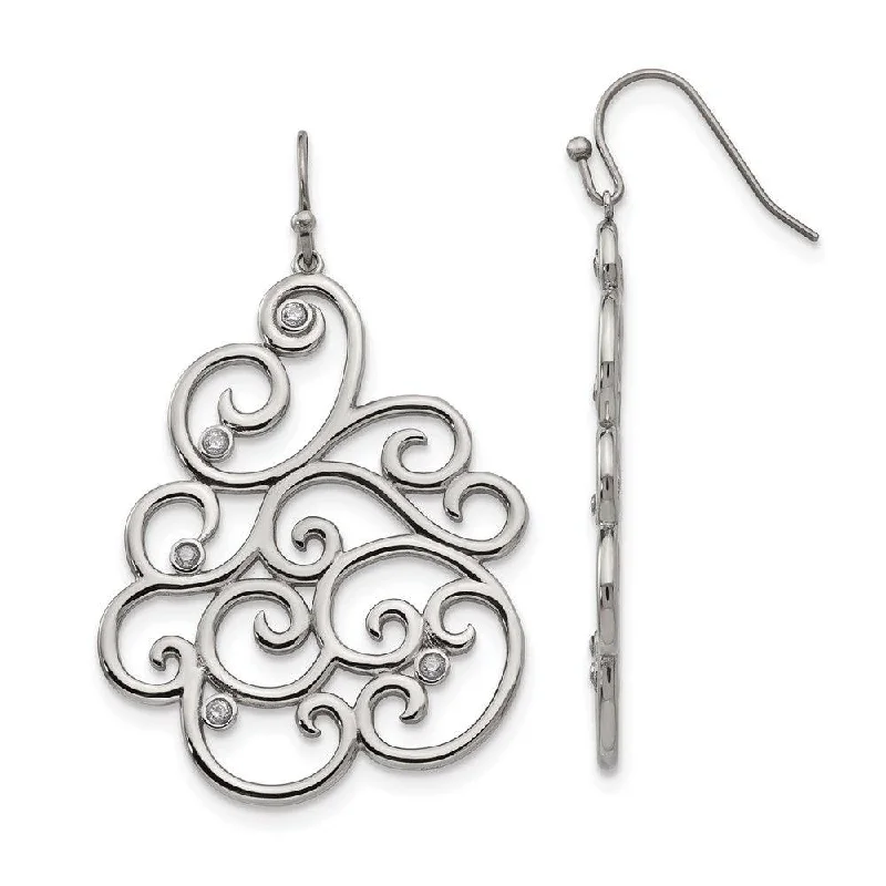 Heavy ring earrings-Stainless Steel Polished Filigree CZ Dangle Shepherd Hook Earrings