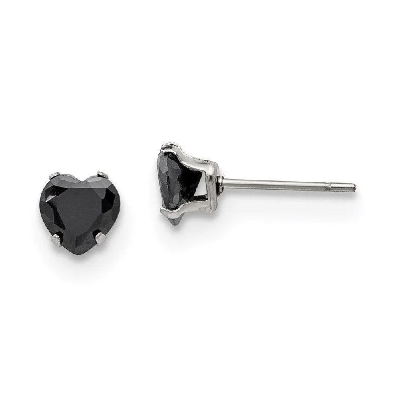 Sea motif earrings-Stainless Steel Polished 6mm Black Heart CZ Stud Post Earrings