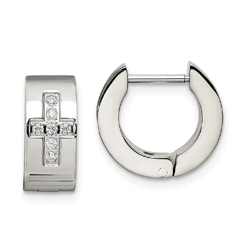 Alloy metal earrings-Stainless Steel CZ Cross Brushed & Polished Hinged Hoop Earrings