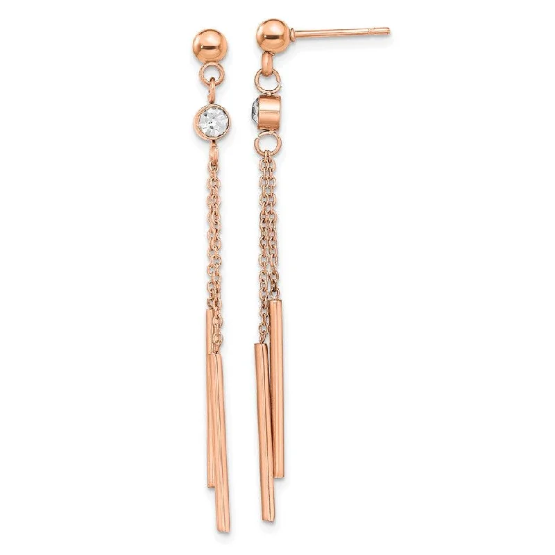 Fine star earrings-Stainless Steel Polished Rose IP-plated w/Crystal Bar Post Dangle Earrings