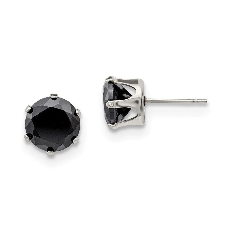 Curved design earrings-Stainless Steel Polished 9mm Black Round CZ Stud Post Earrings