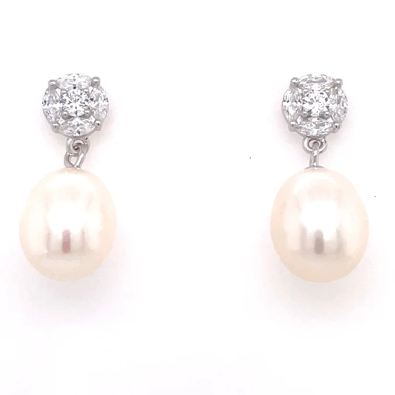 Rough texture earrings-Sterling Silver CZ Pearl Drop Earrings