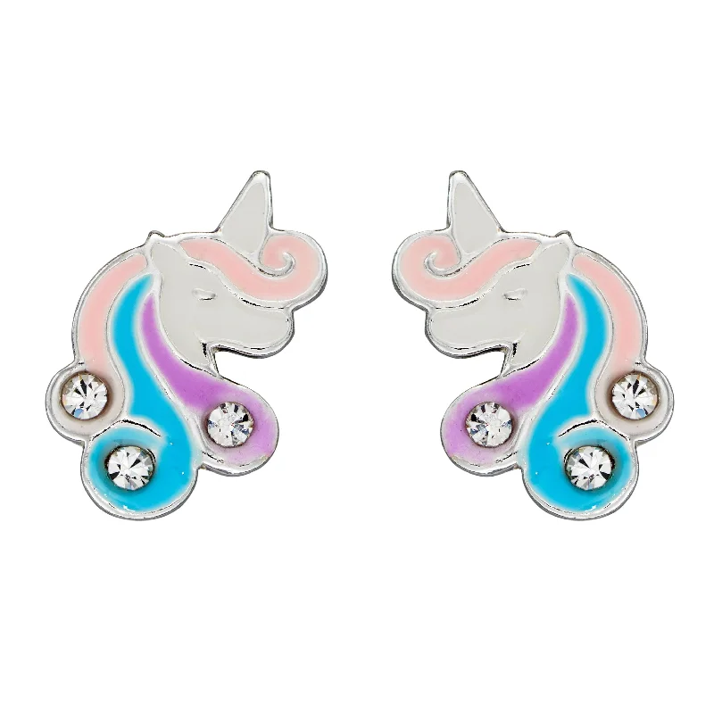 Dual-tone earrings-Unicorn Enamel Stud Earrings With CZ (A2072C)