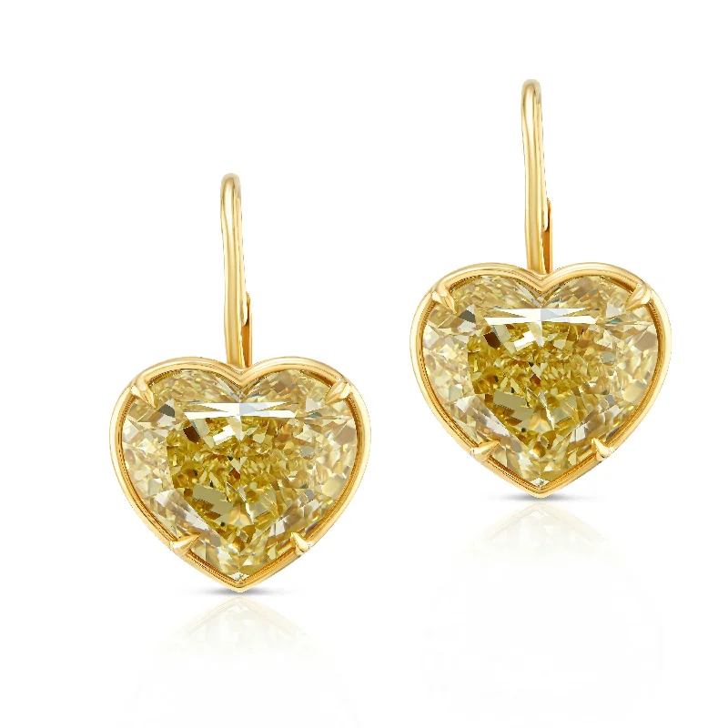 Curved design earrings-16.37 Carat Fancy Intense Yellow Heart Shape Diamond Earrings