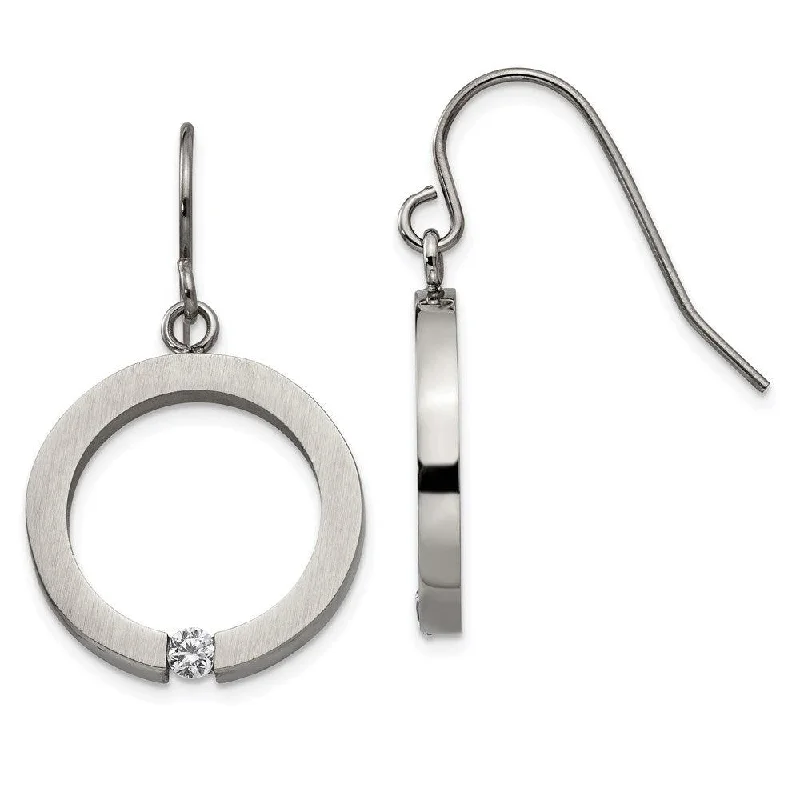 Antique clip earrings-Stainless Steel Brushed and Polished w/CZ Circle Shepherd Hook Earrings