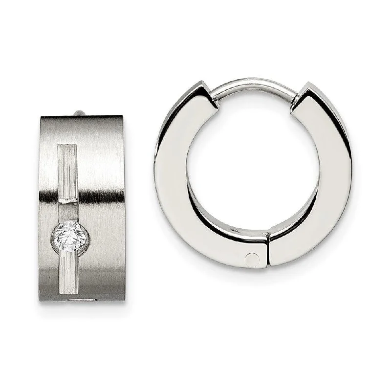 Coil knot earrings-Stainless Steel CZ Brushed & Polished Round Hinged Hoop Earrings