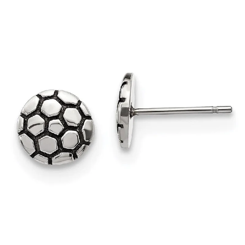 Curved design earrings-Stainless Steel Antiqued and Polished Soccer Ball Post Earrings