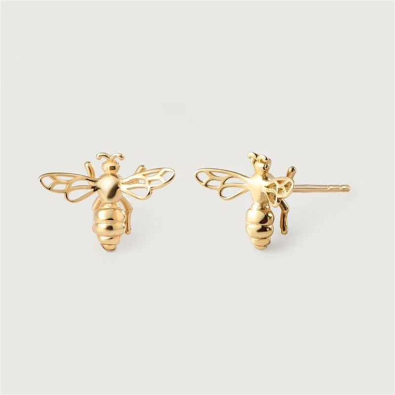 Sleek gem earrings-Busy Bee Stud Earrings in 9K Gold