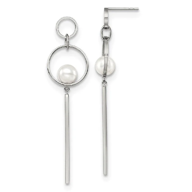 Polished art earrings-Stainless Steel Polished with Simulated Pearl Post Dangle Earrings