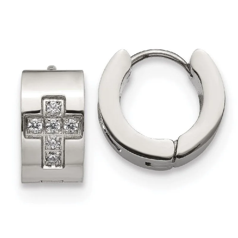 Sleek gem earrings-Stainless Steel CZ Cross Hinged Hoop Earrings