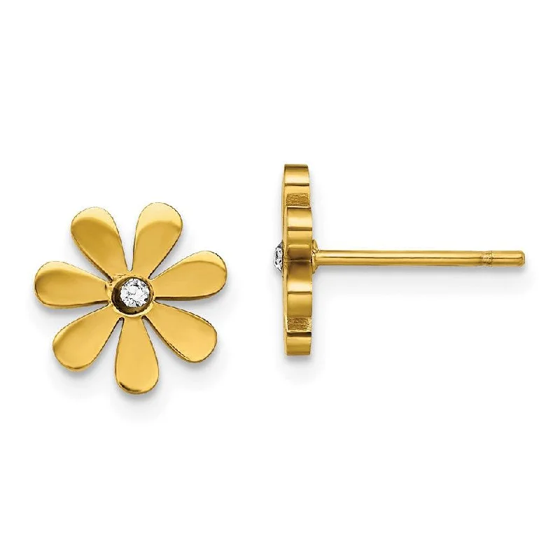 Sleek drop earrings-Stainless Steel Polished Yellow IP-plated with Crystal Flower Post Earrings