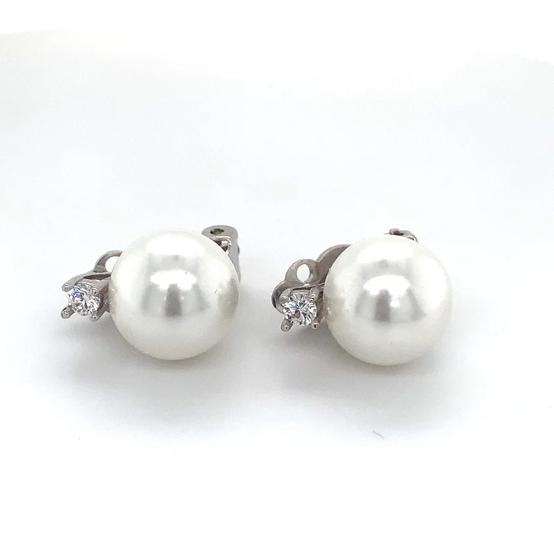 Soft cord earrings-Sterling Silver Clip On Pearl & CZ Earrings