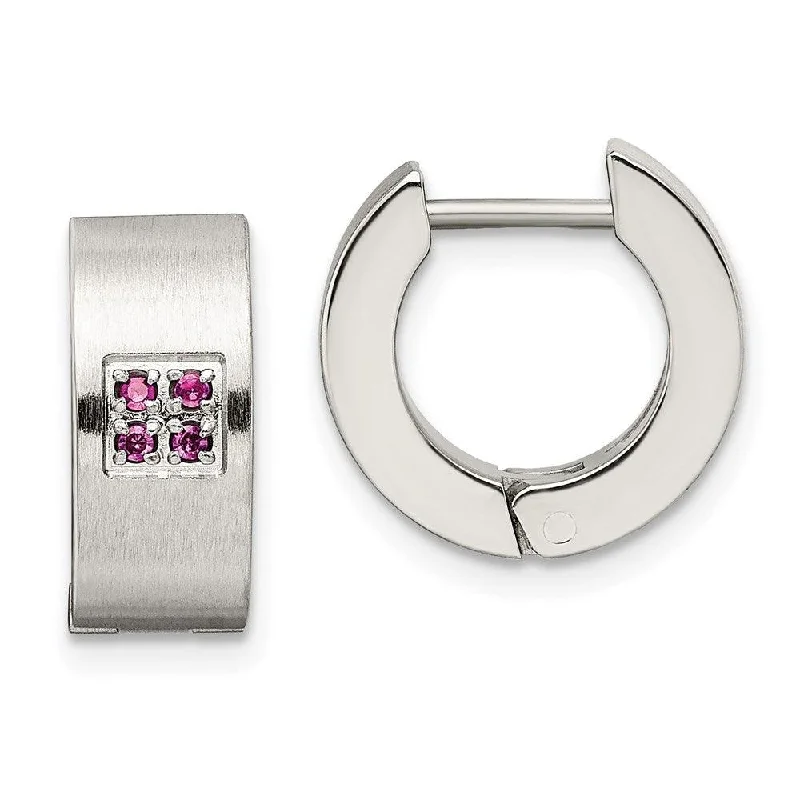 Fine star earrings-Stainless Steel Pink CZ Brushed & Polished Hinged Hoop Earrings