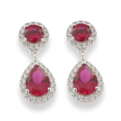 Patina bronze earrings-Sterling Silver Ruby CZ Halo Drop Earrings