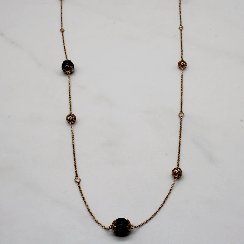 Firm chain necklaces-'Birks' Onyx & White Sapphire Bead Necklace | 28.00ctw, 0.35ctw | 44" |