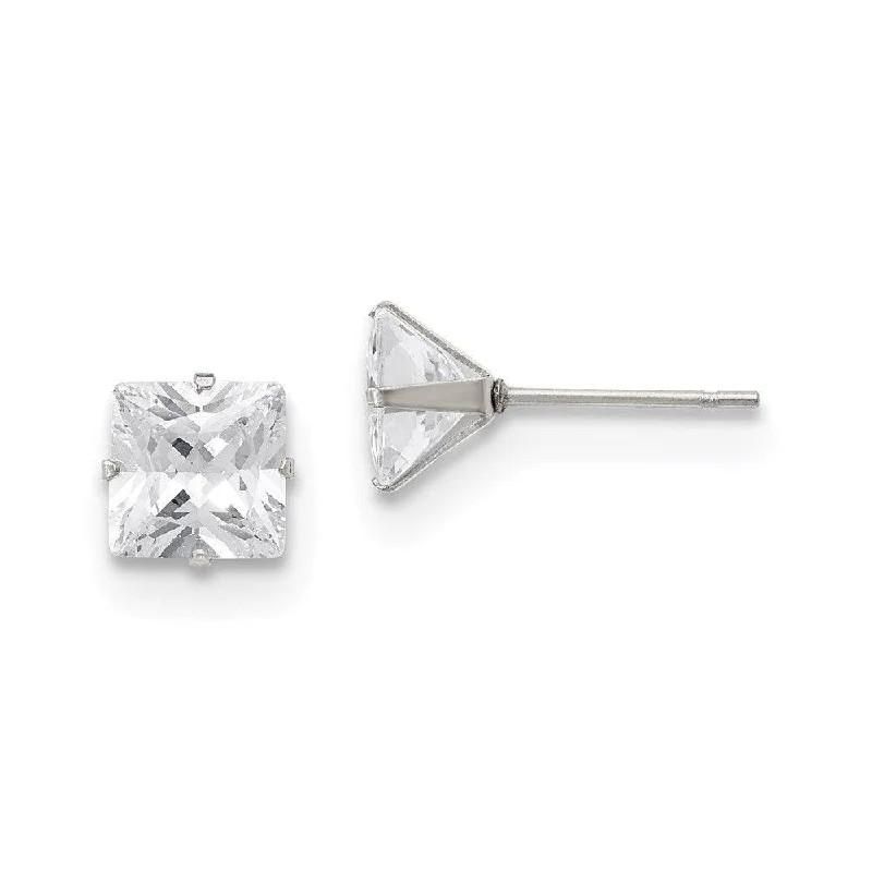 Tide shape earrings-Stainless Steel Polished 7mm Square CZ Stud Post Earrings