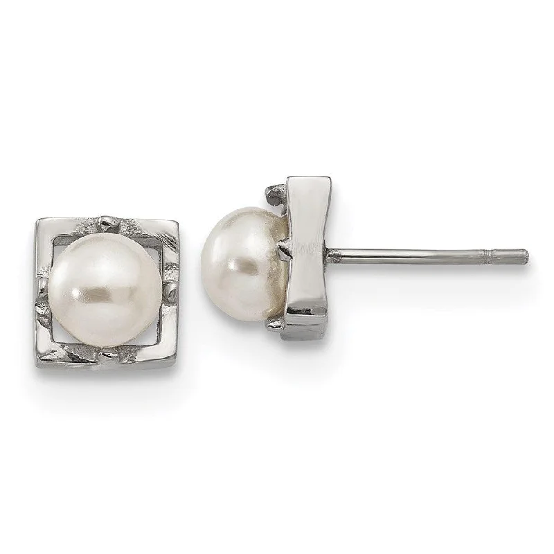 Shiny stud earrings-Stainless Steel Polished Simulated Pearl Square Post Earrings