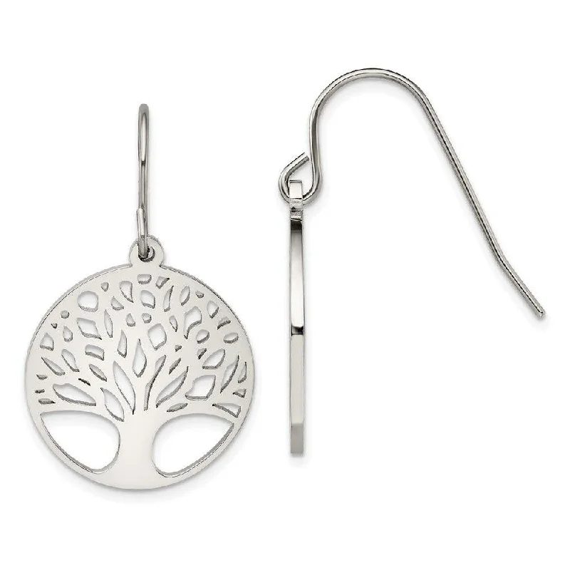 Heavy ring earrings-Stainless Steel Polished Tree of Life Cut-out Shepherd Hook Earrings