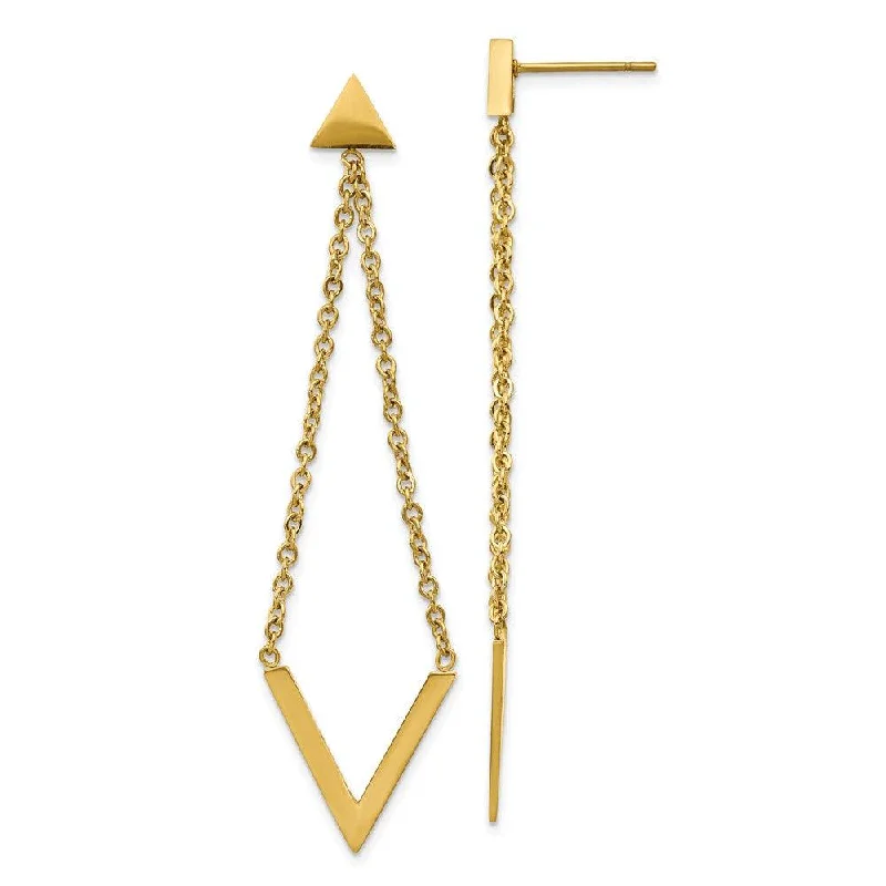 Fine pearl earrings-Stainless Steel Polished Yellow IP-plated Triangle Post V Dangle Earrings