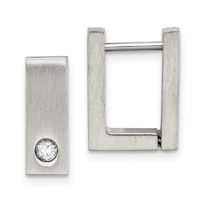 Glossy silver earrings-Stainless Steel CZ Brushed & Polished Square Hinged Hoop Earrings