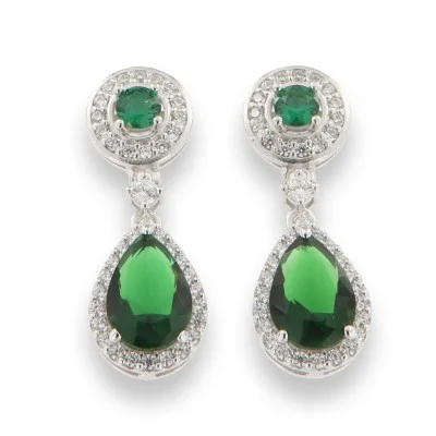 Bali tile earrings-Sterling Silver Pear Cut Emerald CZ Drop Stud Earring