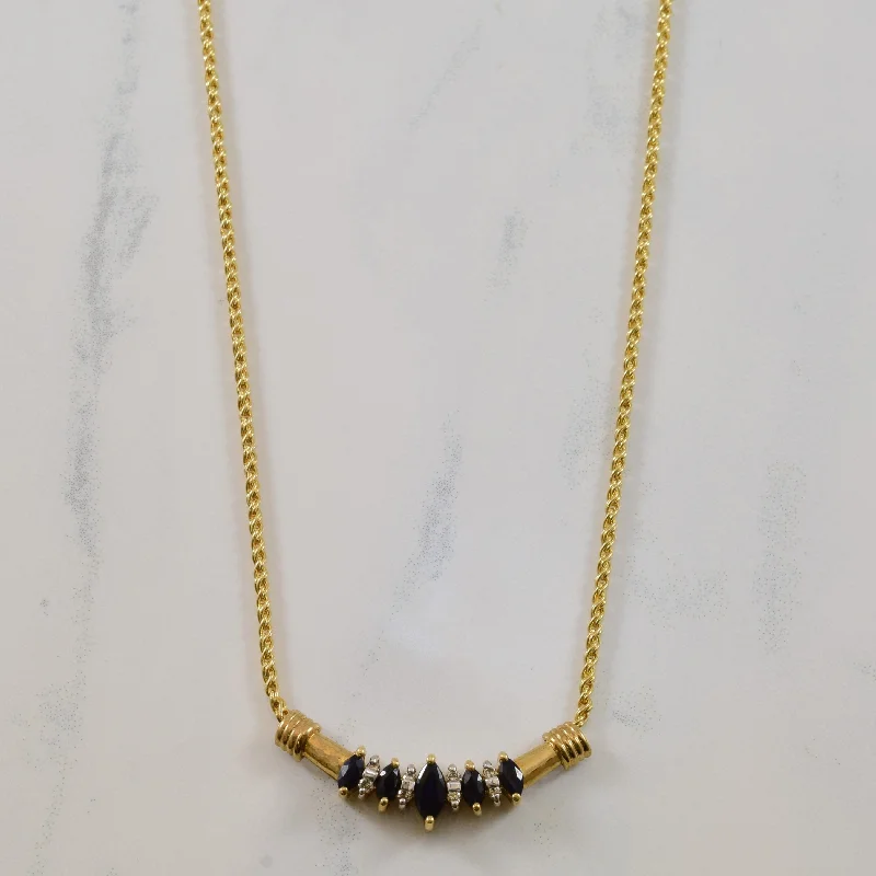 Sleek design necklaces-Marquise Blue Sapphire & Diamond Plate Necklace | 0.08ctw, 0.50ctw | 17" |