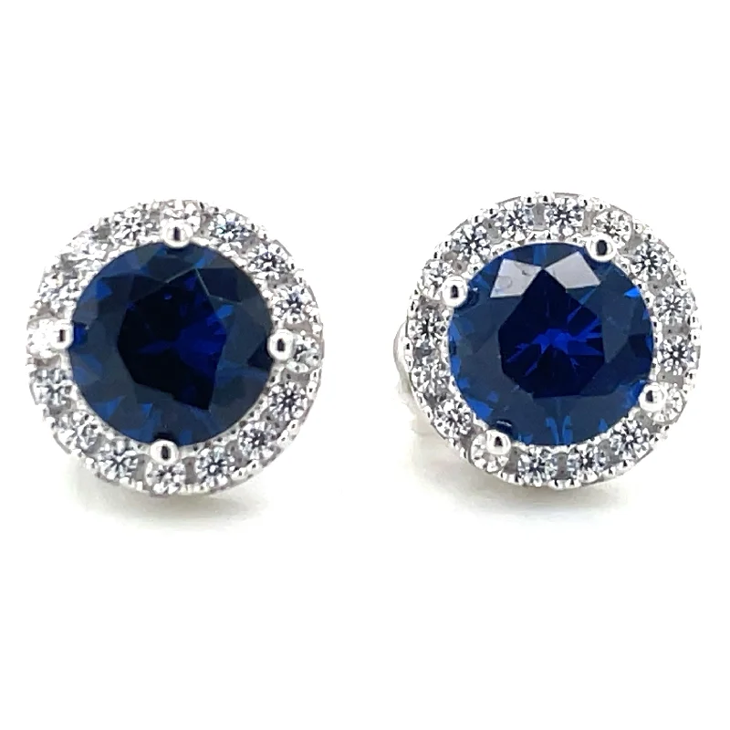 Rough texture earrings-Sterling Silver Sapphire And Cz Halo Stud Earrings