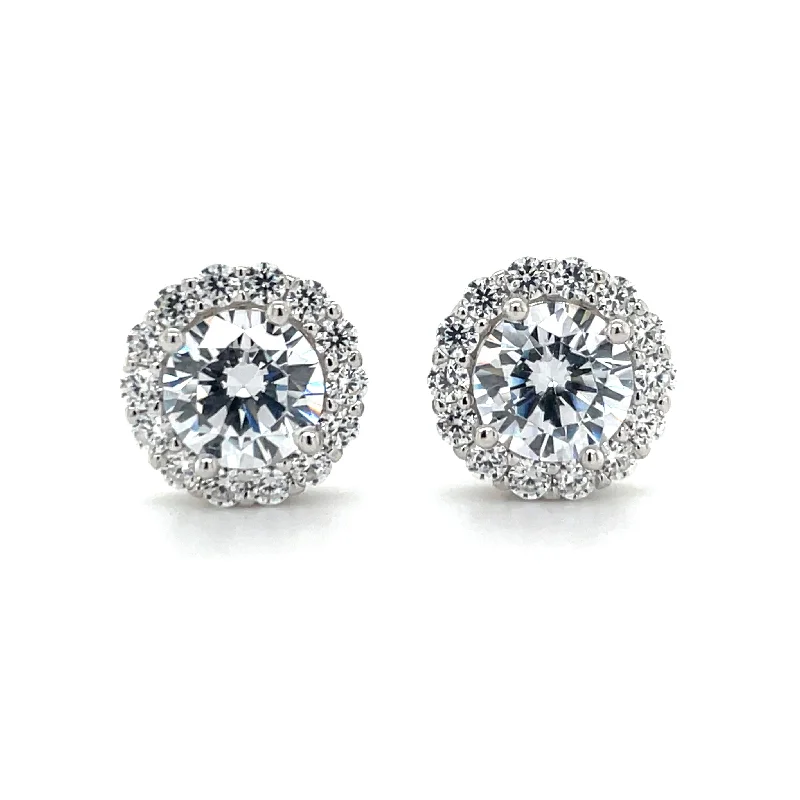 Half moon earrings-Sterling Silver Round Cz Halo Earrings