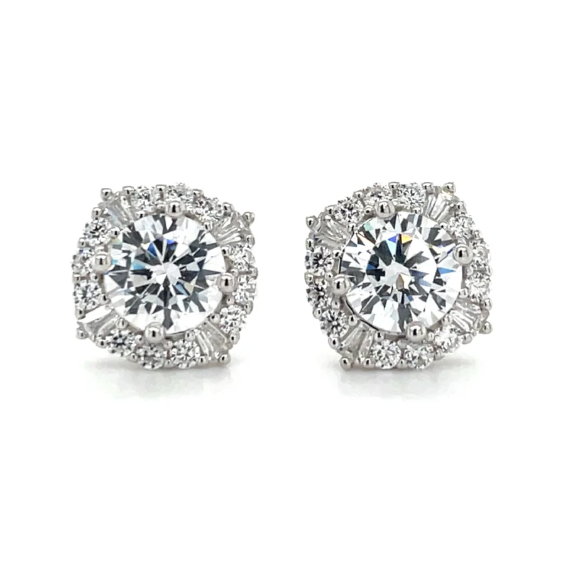 Flat medallion earrings-Sterling Silver Cz Halo Stud Earrings