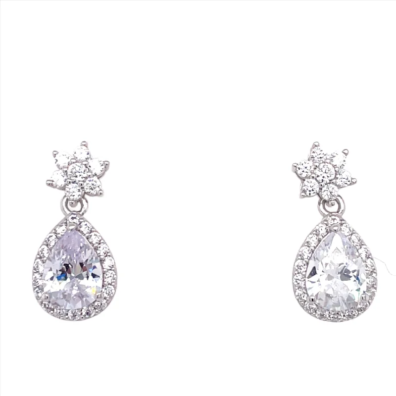 Sleek art earrings-Sterling Silver CZ Floral & Pear Drop Earrings