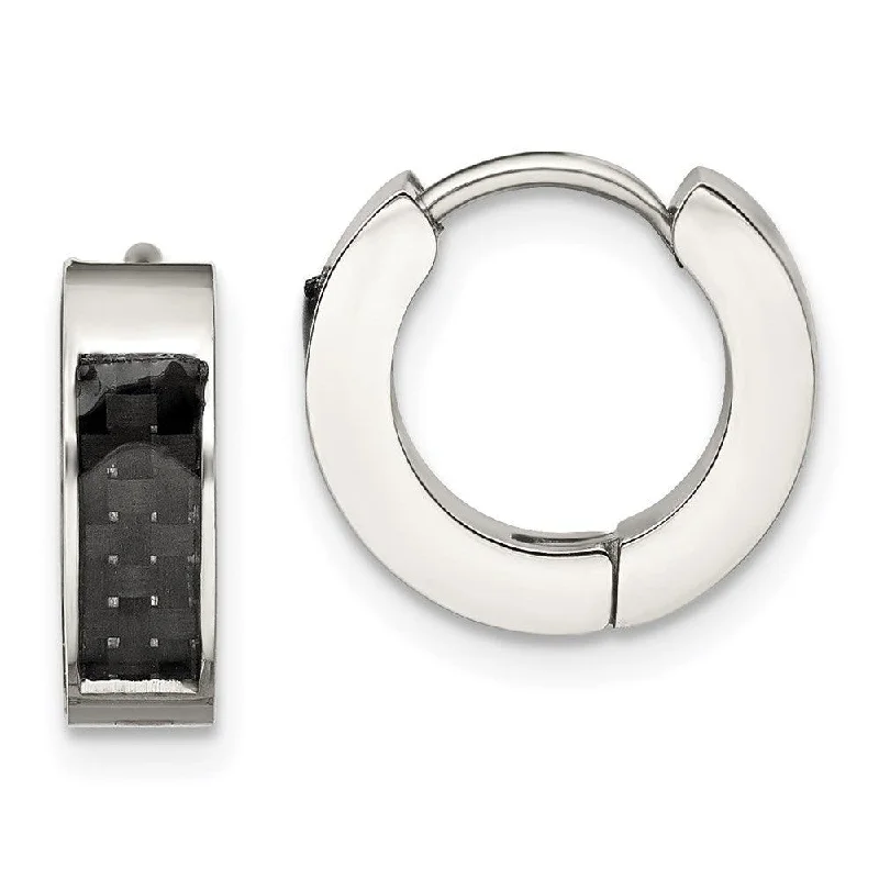 Retro deco earrings-Stainless Steel Polished with Carbon Fiber Inlay 4mm Hinged Hoop Earrings