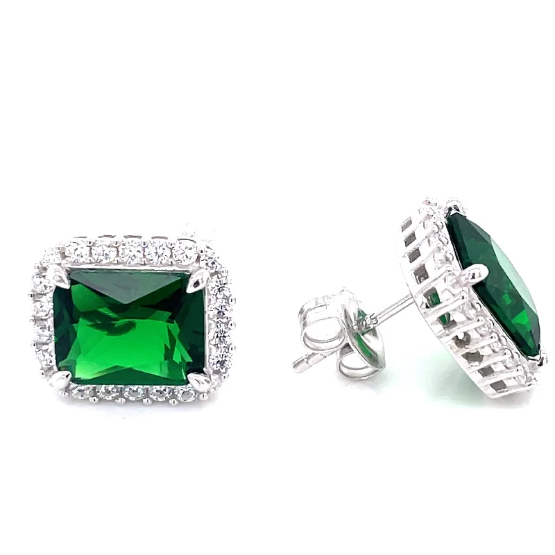 Small dot earrings-Sterling Silver Emerald Cut Emerald CZ Earrings