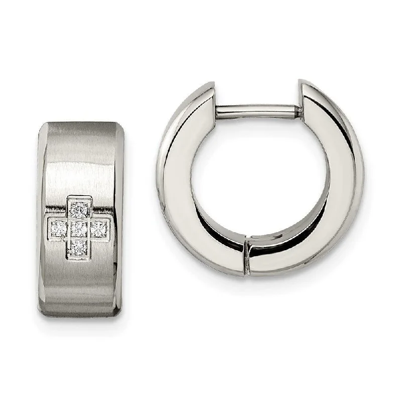 Fine wing earrings-Stainless Steel CZ Brushed & Polished Hinged Hoop Earrings