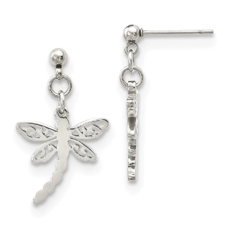 Retro deco earrings-Stainless Steel Polished Dragonfly Post Dangle Earrings