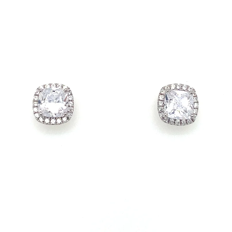 Solid bar earrings-Sterling Silver Cushion Cut Cz Halo Earrings