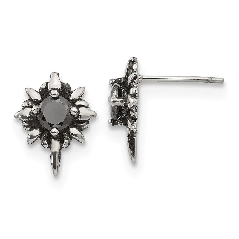 Simple cross earrings-Stainless Steel Antiqued and Polished w/Black CZ Post Earrings