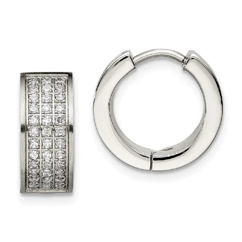 Round stud earrings-Stainless Steel CZ Stones Brushed & Polished Hinged Hoop Earrings