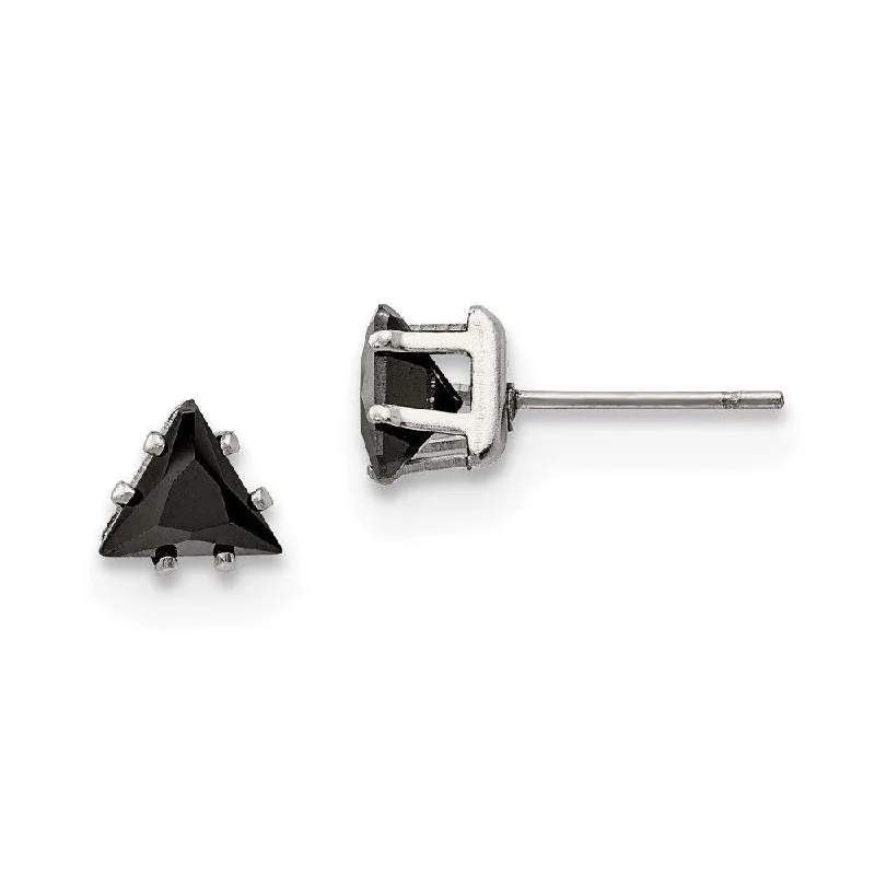 Sleek gem earrings-Stainless Steel Polished 6mm Black Triangle CZ Stud Post Earrings