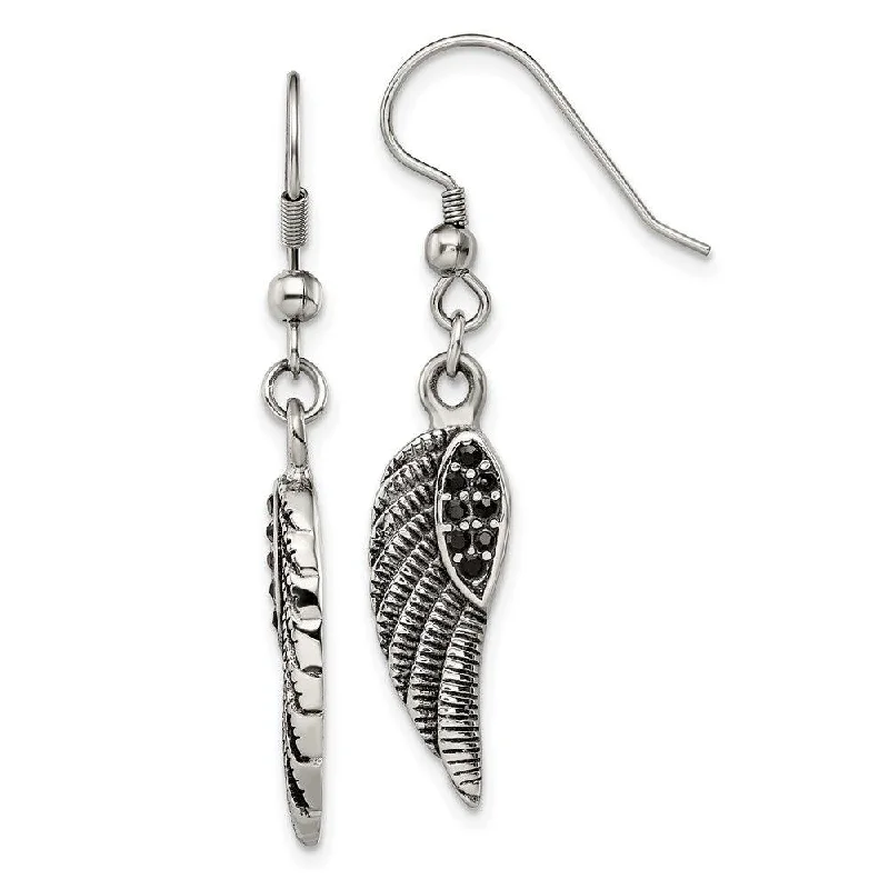 Old coin earrings-Stainless Steel Antiqued & Polished w/Black Crystal Wings Dangle Earrings