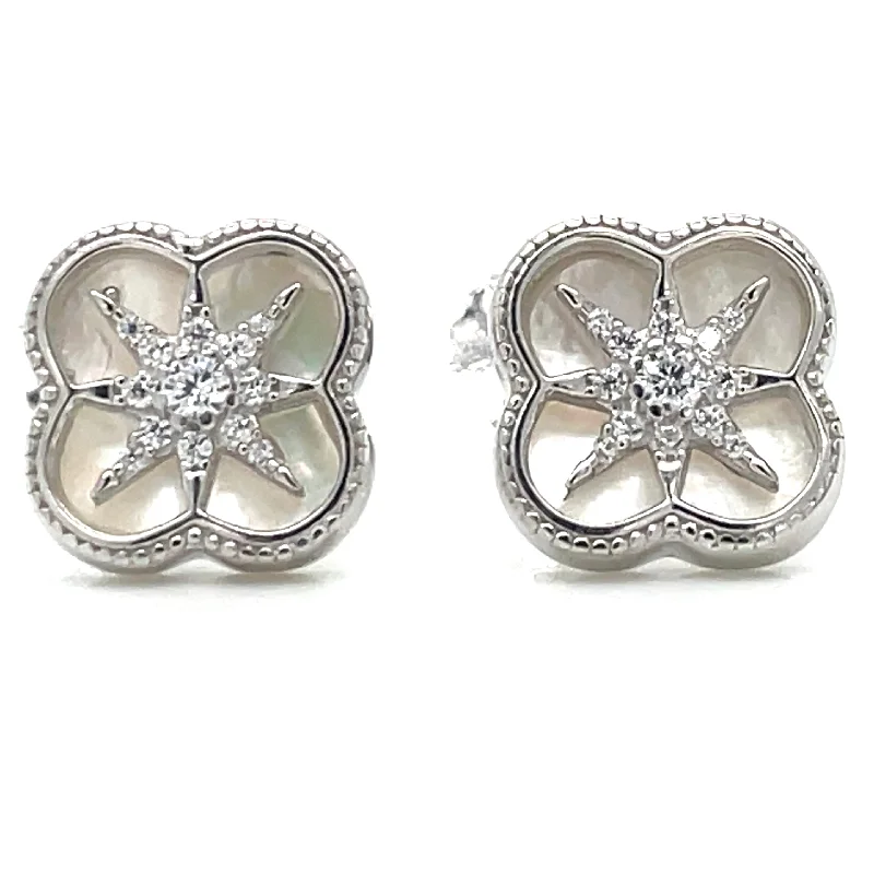 Shiny pearl earrings-Sterling Silver Clover Cz Stud Earrings