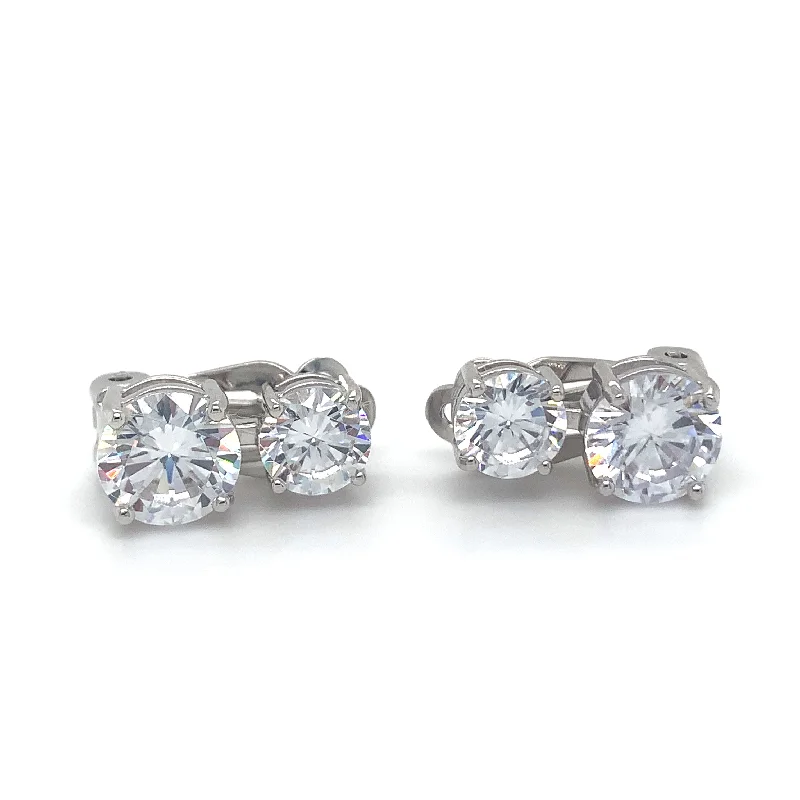 Solid statement earrings-Sterling Silver Cz Round Clip On Earrings