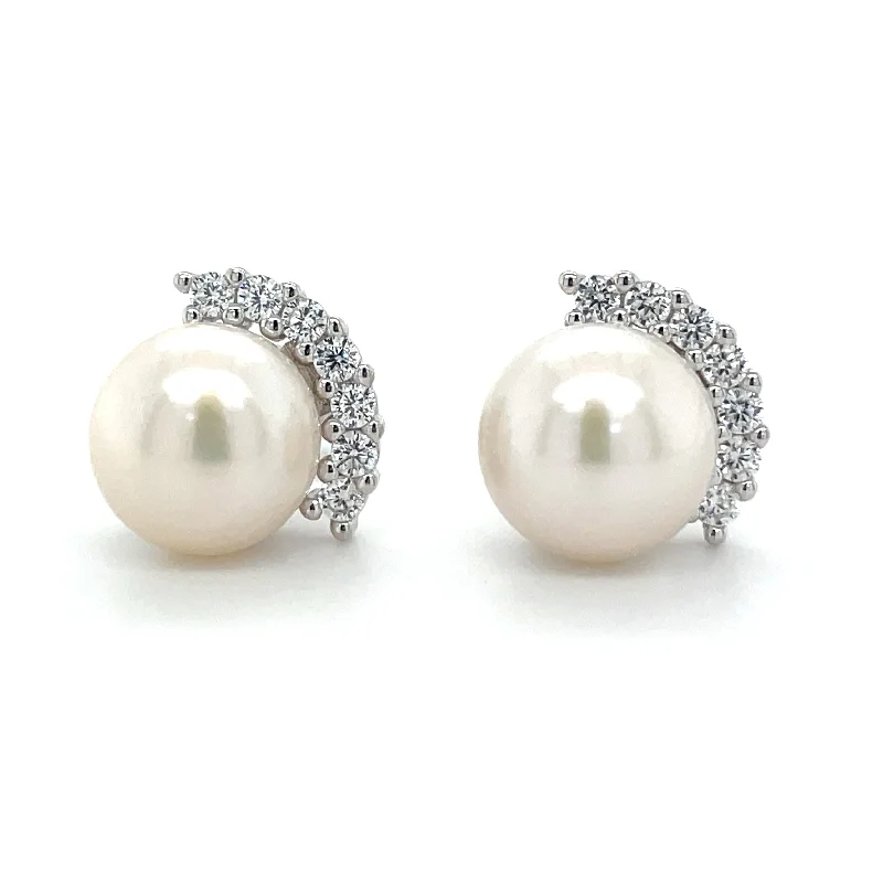 Round stud earrings-Sterling Silver Pearl & Round Cz Earrings