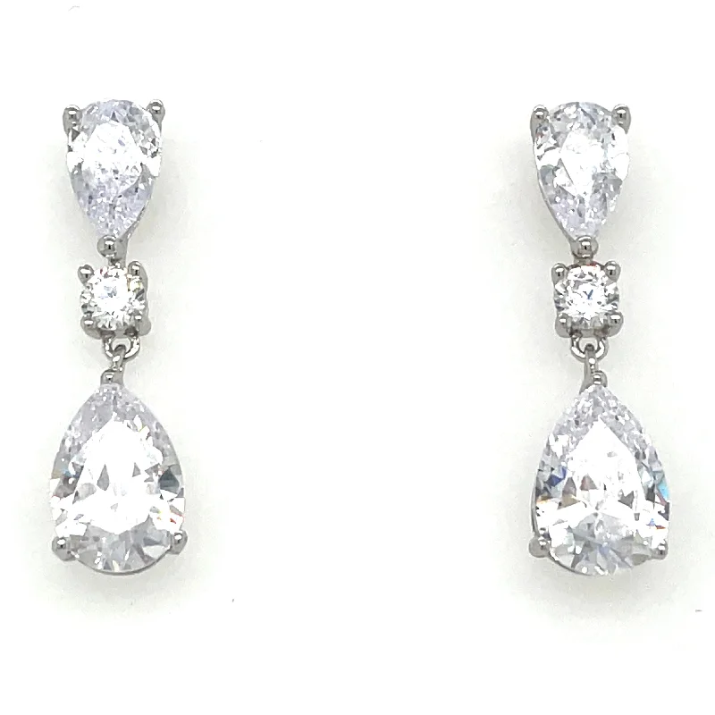 Baroque pearl earrings-Sterling Silver Pear And Round Cz Drop Earrings