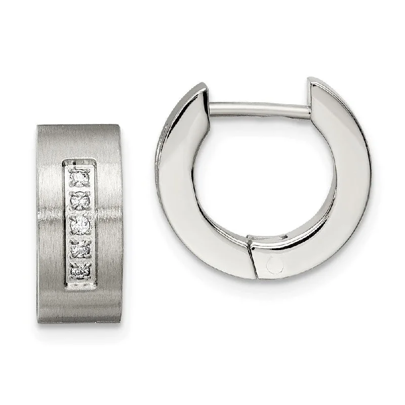 Old coin earrings-Stainless Steel CZ Brushed & Polished Round Hinged Hoop Earrings