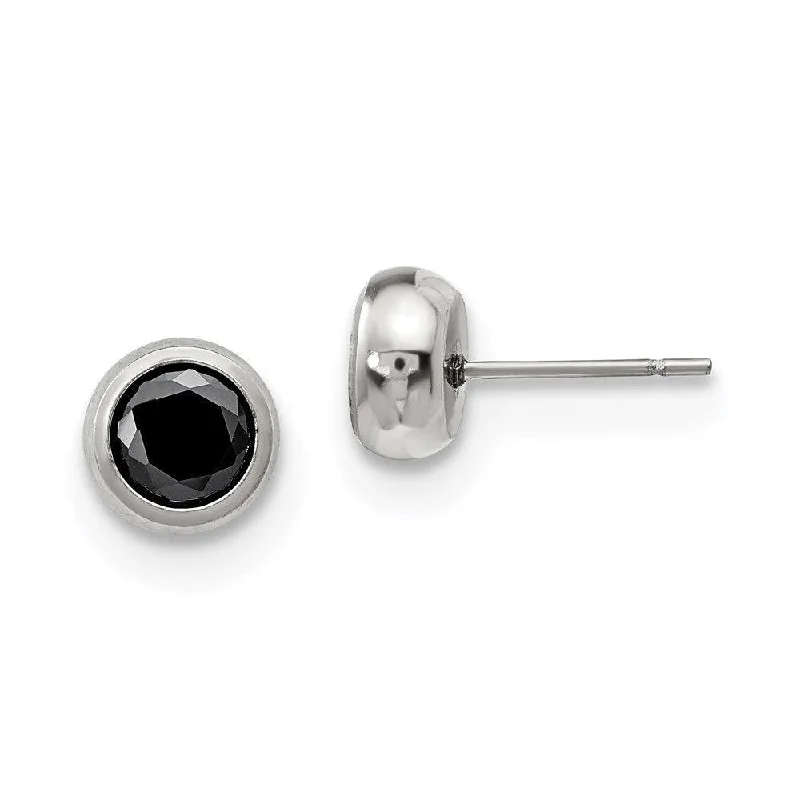 Smooth drop earrings-Stainless Steel Polished 6mm Bezel Black CZ Stud Post Earrings