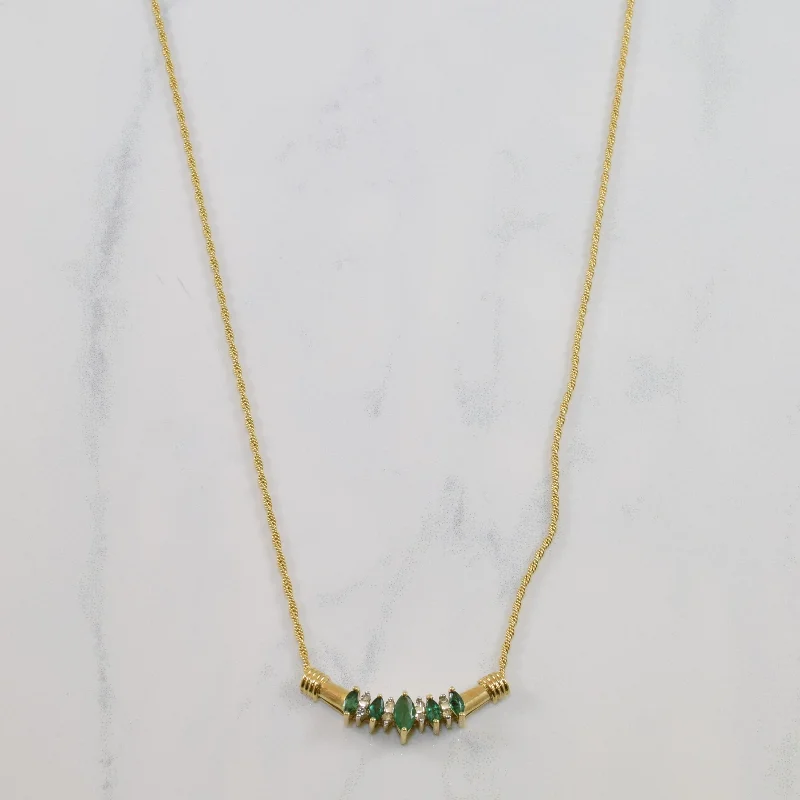 Aged silver necklaces-Marquise Emerald & Diamond Plate Necklace | 0.30ctw, 0.10ctw | 16" |