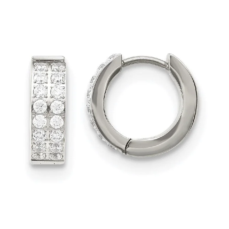 Victorian flair earrings-Stainless Steel Polished with 2 Rows of CZ Hinged Hoop Earrings